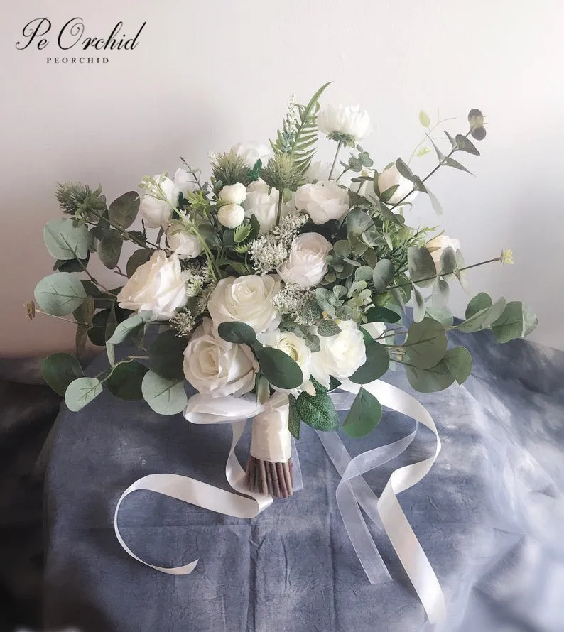 Buquê de rosas de orquídea branca, verde, peônias, buquê de casamento, boho, com flores de axilipto