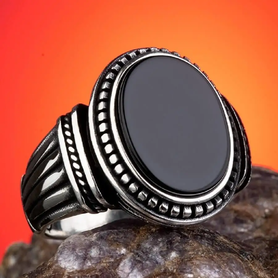 

925 Sterling Silver Mens Ring with Black Oval Onyx Stone Fashion Turkish Premium Quality Handmade Jawelery