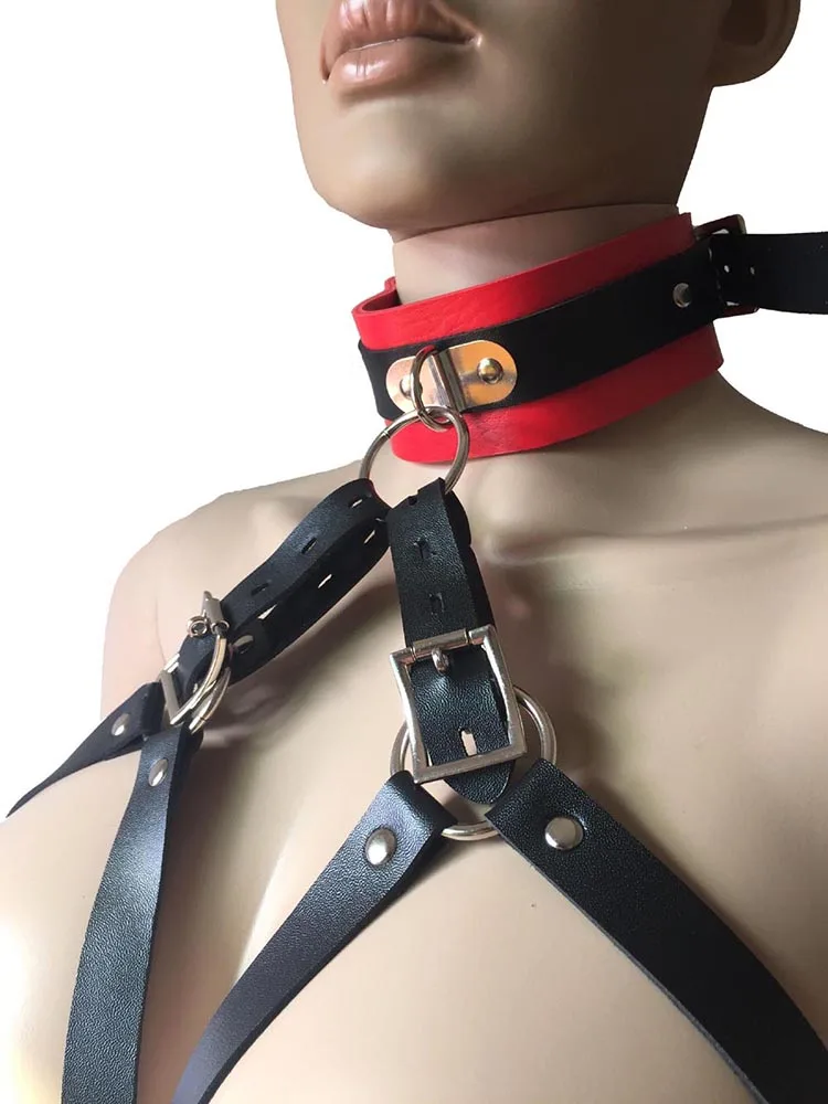 Sexy Faux Leather Strappy Open Cup Cupless Bra Top Neck Collar Breast Binder Female Body Harness Fetish Gimp Costume