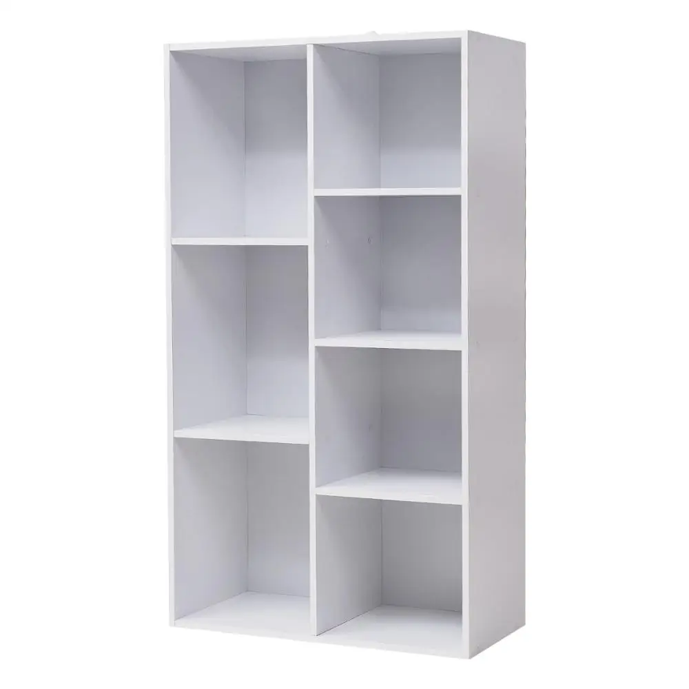 4-Tier Wooden Bookcase White Rack Book Display Shelves Storage Cloth Organizer Cube Shelves 7 Cubes for Office Living Room