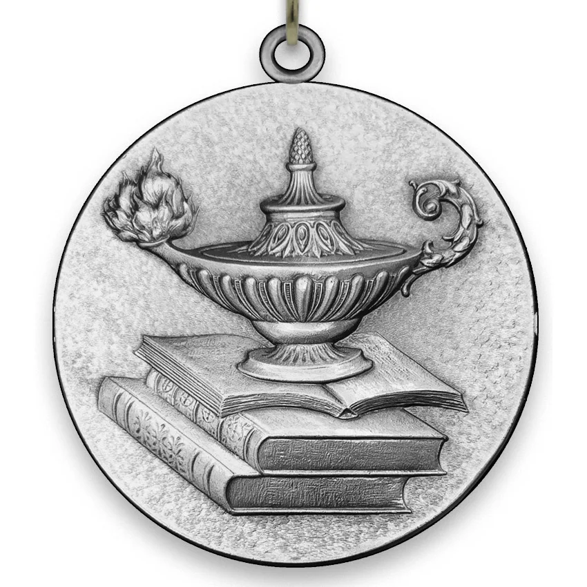 Large Metal - Lamp of Knowledge Medal - Silver - 6,4 cm - with Neck Ribbon size 2,2cm x 80 cm, Choice of Colours.