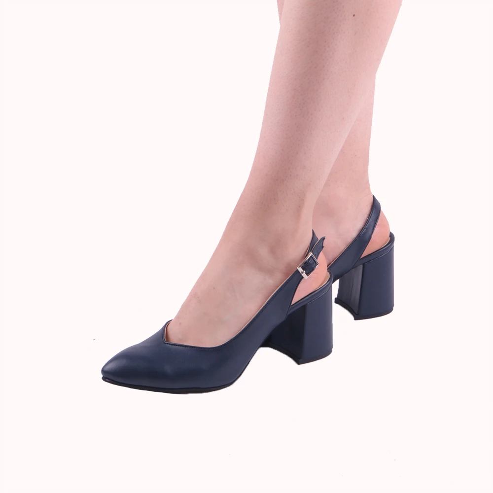 Blue Faux Leather Ankle Strap Women Sandals Pointed Toe Heels for Women Thick Heel Pumps for Women 7 cm Heels Women Ladies Pumps