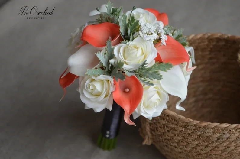 Peorchid cascata buquê de noiva coral marfim artificial cachoeira calla lírio buquê rosas respiração do bebê flores decoração do casamento