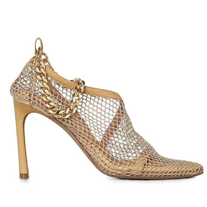 

Moraima snc Summer Mesh Grid High heel Sandal Nude black Thin Heels Woman Shoes Round Toe Gold Chains Ankle Strap Sandal