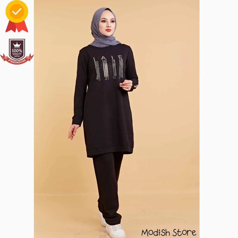 

Double Sports Suit Muslim Sets Plus Sizes 2021 Hijab Dress Turkish Women's Clothing Arabic Dubai Black Abayas Kaftan European