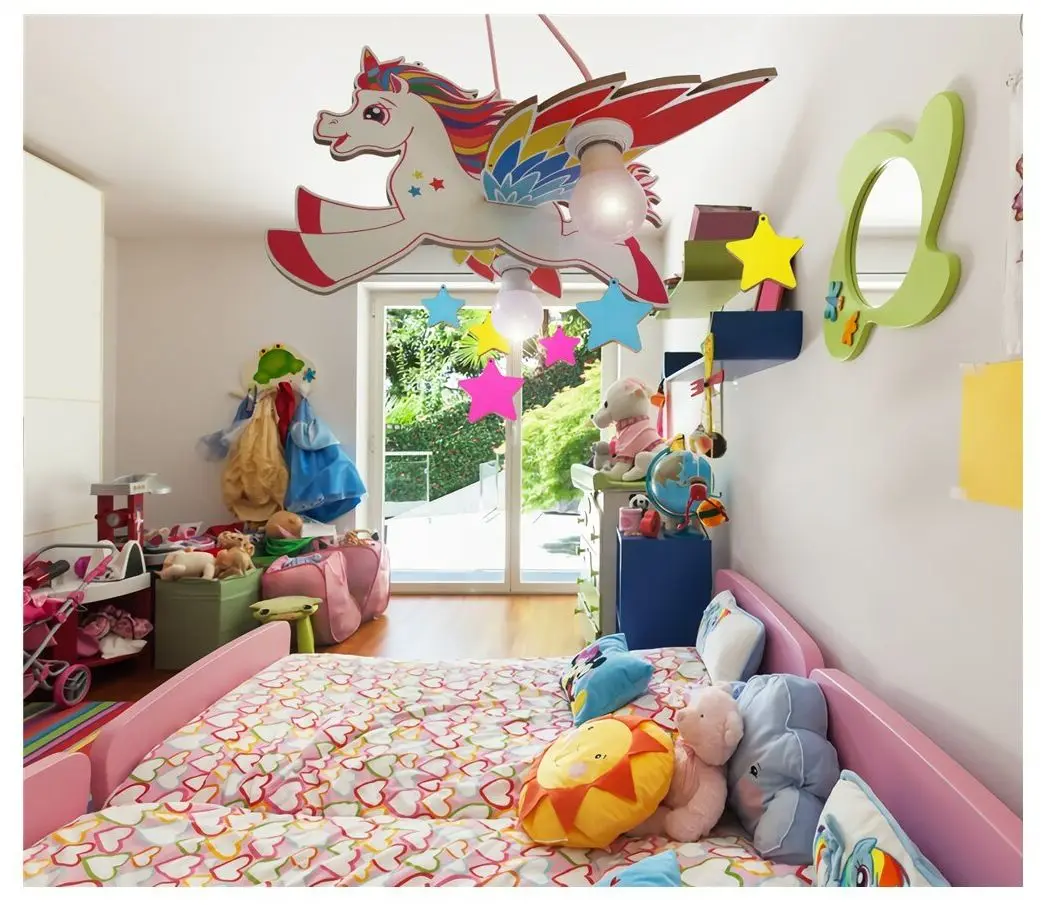 Wooden Unicorn Kids Room Lighting Pendant Lamp Bedroom Home Kids Baby Girls Hanging Ceiling Chandelier Decor Fixture Wooden Luxury Modern Chandelier Unicorn Lamp Home Kids Room Baby Colorful Lighting Pendant