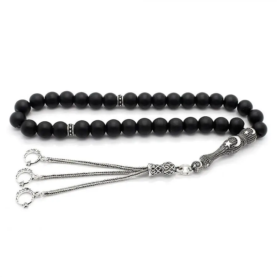 Silver Black Onyx Gemstone Prayer Rosary Men Sphere Cut Rosary With Silver Tassel Turkish Tasbih Crescent Star Model Tassel