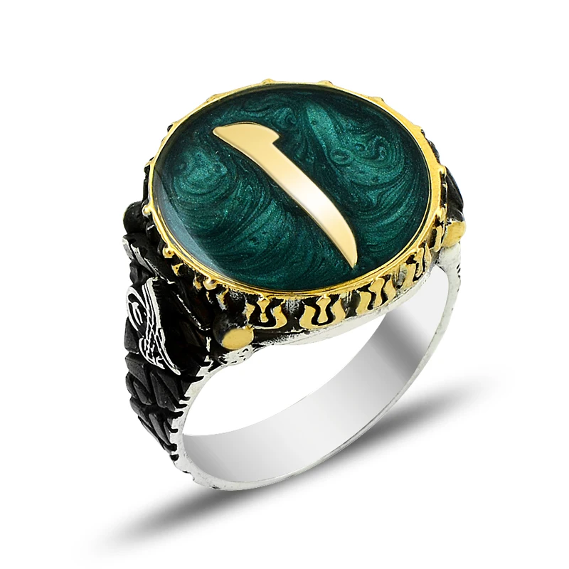 925 Silver Green Alif Arabic Letter Initial Ring for Men Mans Ring