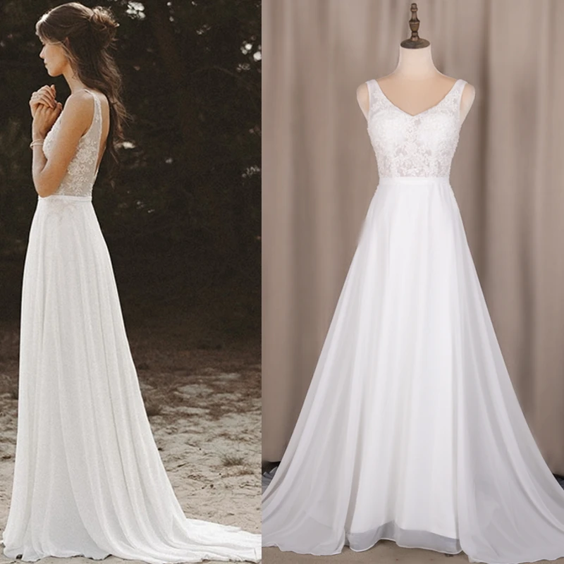 5182# 100% Real Photos V-Neck Lace Backless Chiffon Wedding Dress Bridal Gown Wholesale Supplier