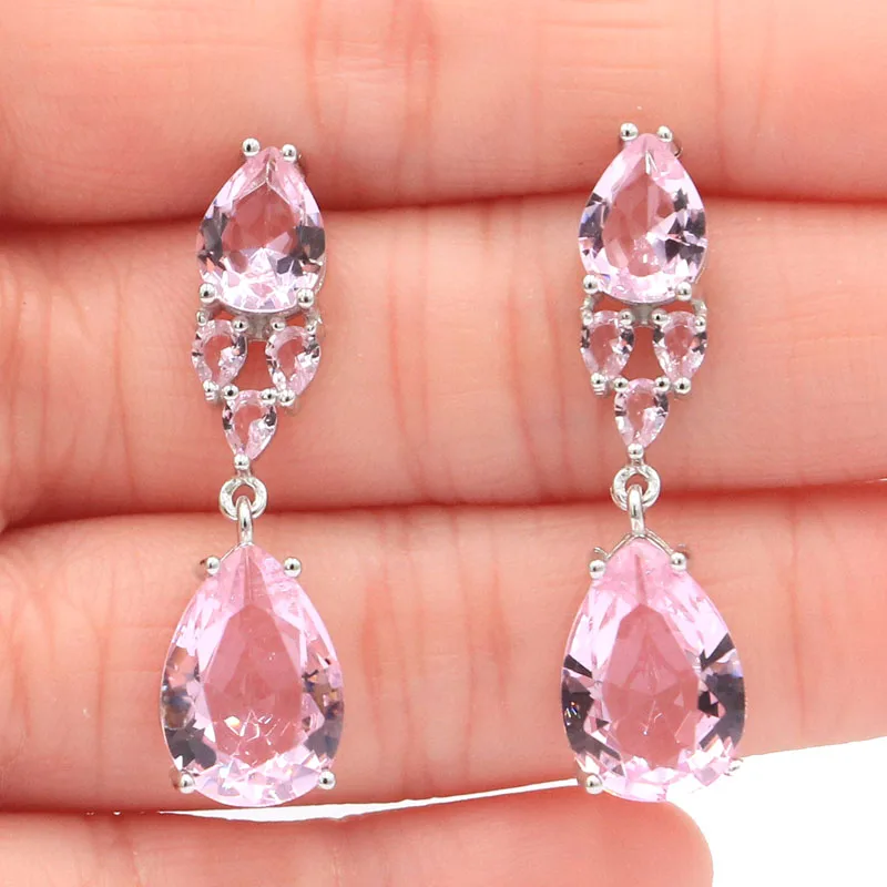 

36x10mm Real 925 Solid Sterling Silver Earrings Deluxe 5.6g Pink Kunzite Blue Aquamarine Woman's Wedding