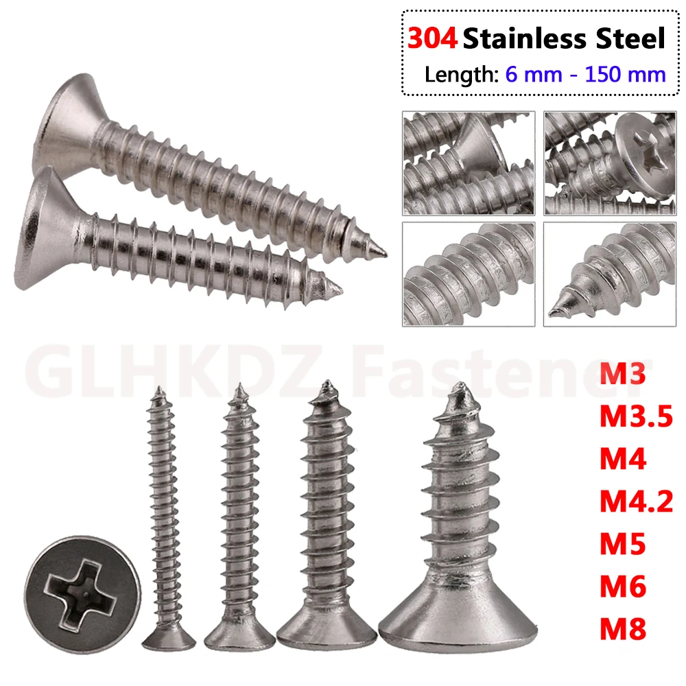 

M3 M3.5 M4 M4.2 M5 M6 M8 KA Countersunk Flat Head Self Tapping Wood Screws Cross Phillips Bolts 6mm-150mm A2 304 Stainless Steel