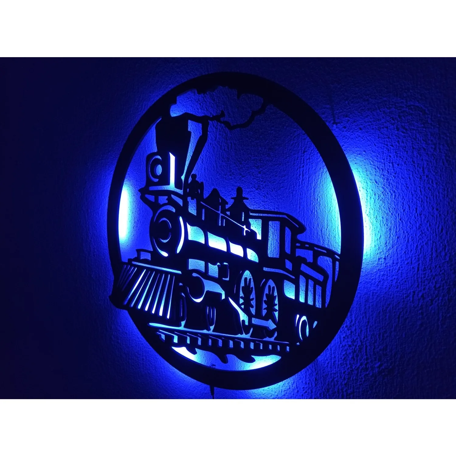 Treno LED illuminato pittura murale Led illuminato legno 4 mm Mdf tavolo decorativo 50 x50cm illuminato legno/decorazione della parete blu