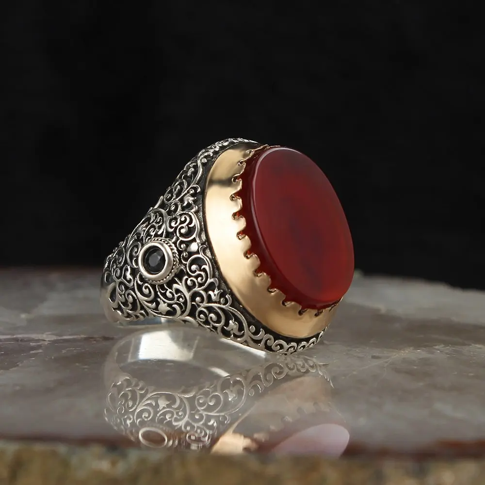 

Red Agate Stone Pattern 925 Sterling Silver Men 'S Ring