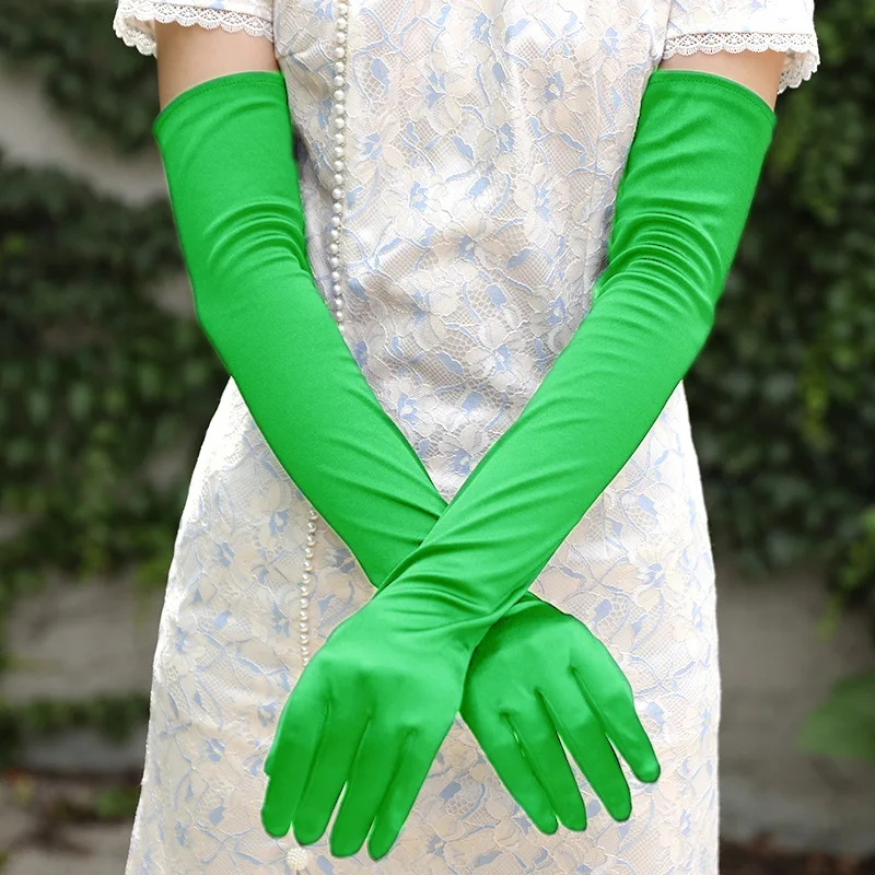 Solid Color Satin Green Glove Long Bridal Gloves Black Opera Length Women Dance Party Wedding Gloves Full Finger Elegant Gloves