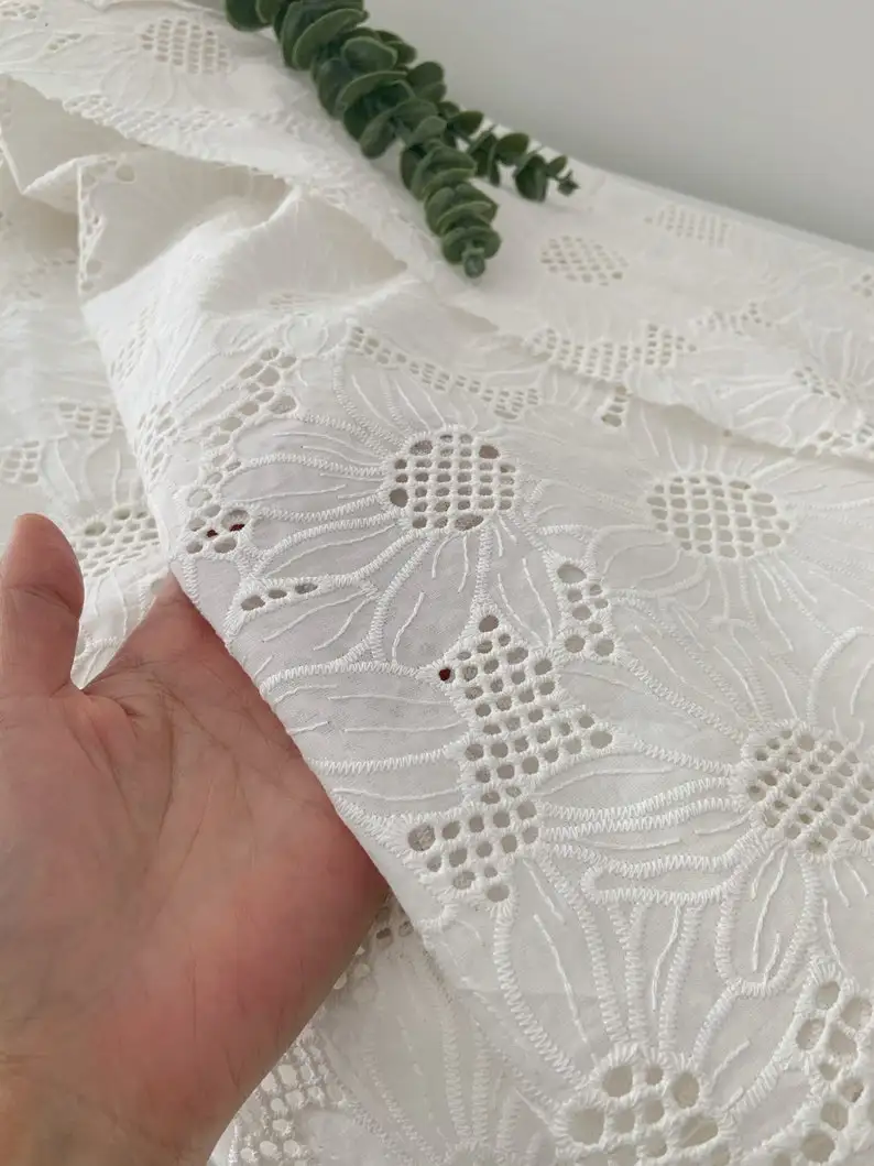 Off White Cotton Eyelet Lace Fabric With Sunflower Cotton Lace Fabric With Florals For Curtain Home Decors