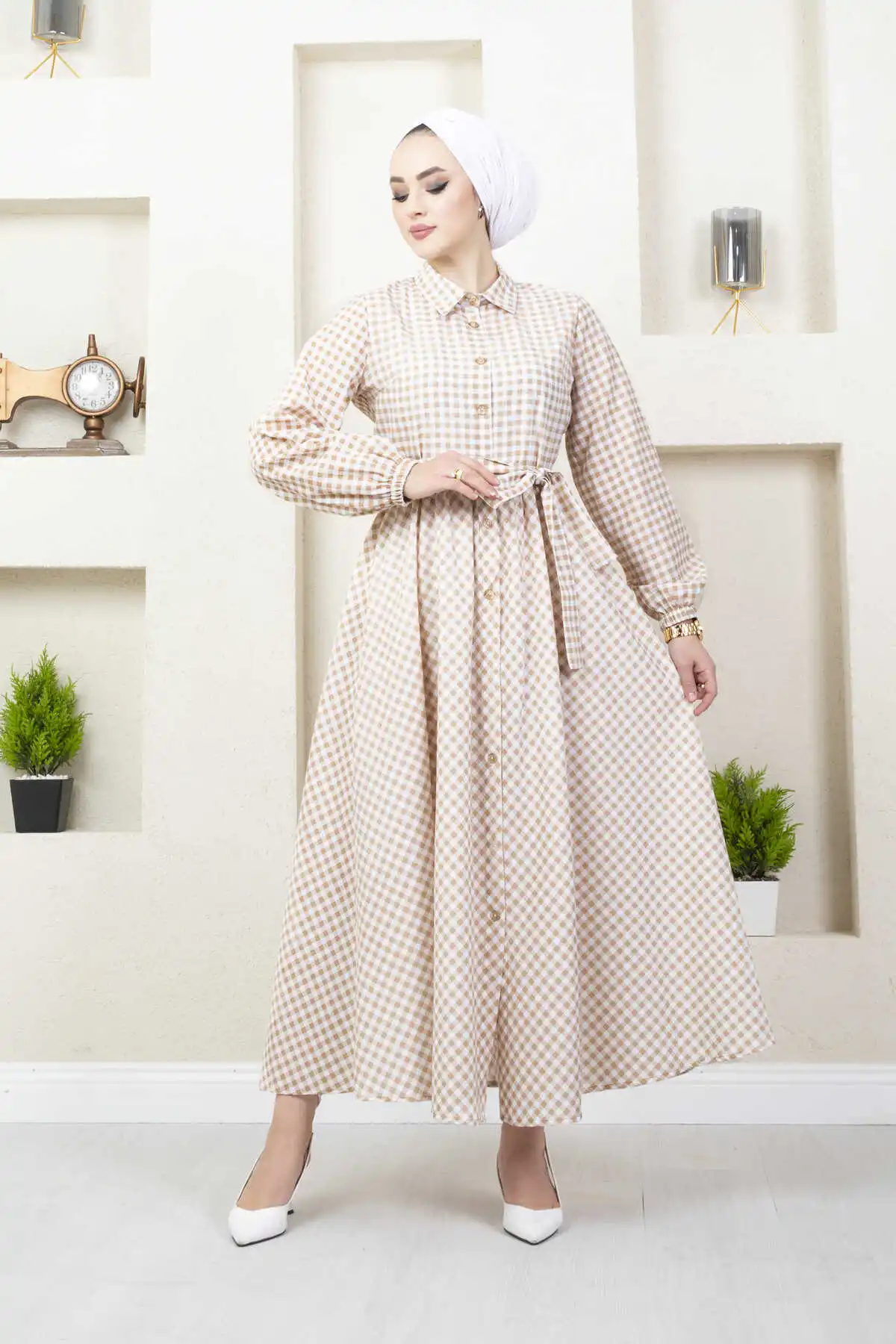 Women 88gingham Patterned Hijab Dress Ramadan Eid Mubarak Chiffon Outdoor Abaya Kimono Dubai Turkey Islamic Kaftan Muslim Robe Femme