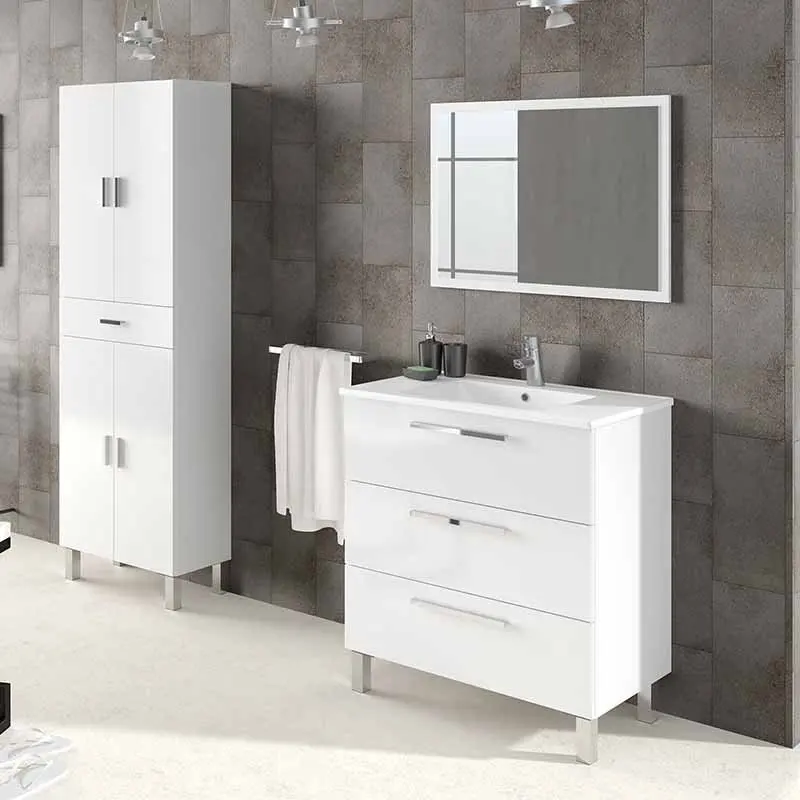 Glitter white bathroom furniture Pack (bathroom furniture + high cabinet + mirror + ceramic sink), bathroom furniture set, narrow bathroom furniture, bathroom cabinet with mirror