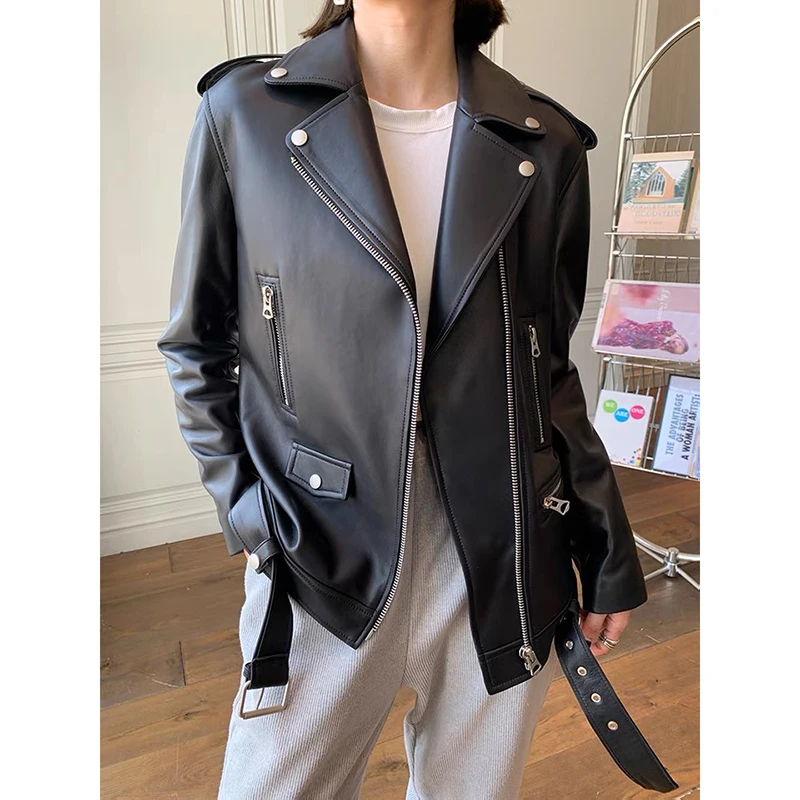 Women\'s Leather Jacket 2021 Spring and Autumn Geanuine Sheepskin Loose Moto Biker Jackets and Coats Plus Size Overcoat Female