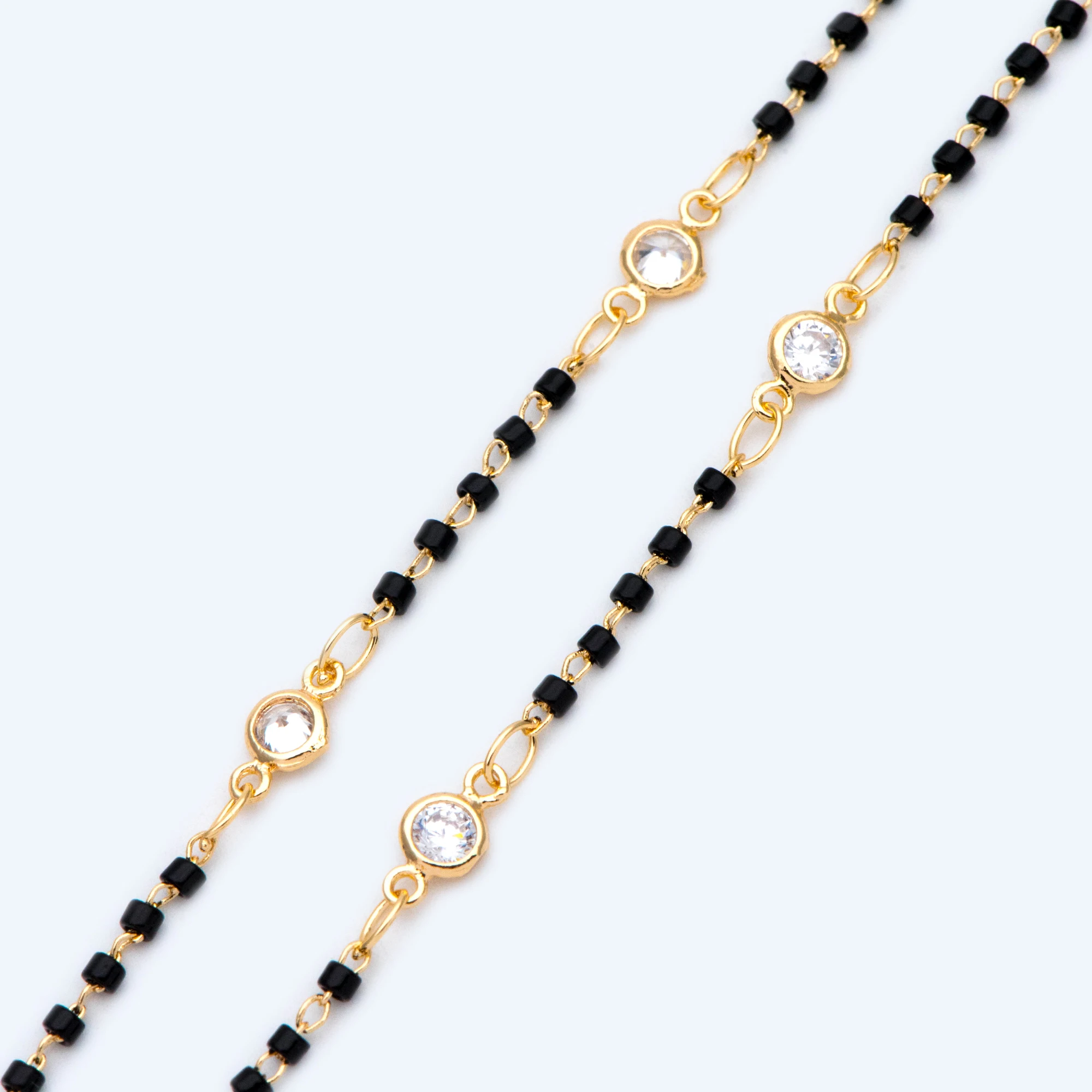 Miyuki Seed Bead Chain For Jewelry Making, Dainty Gold Beaded Chains, 4mm Round Coin CZ Links, Black (#LK-437-1)/ 1 Meter=3.3 Ft