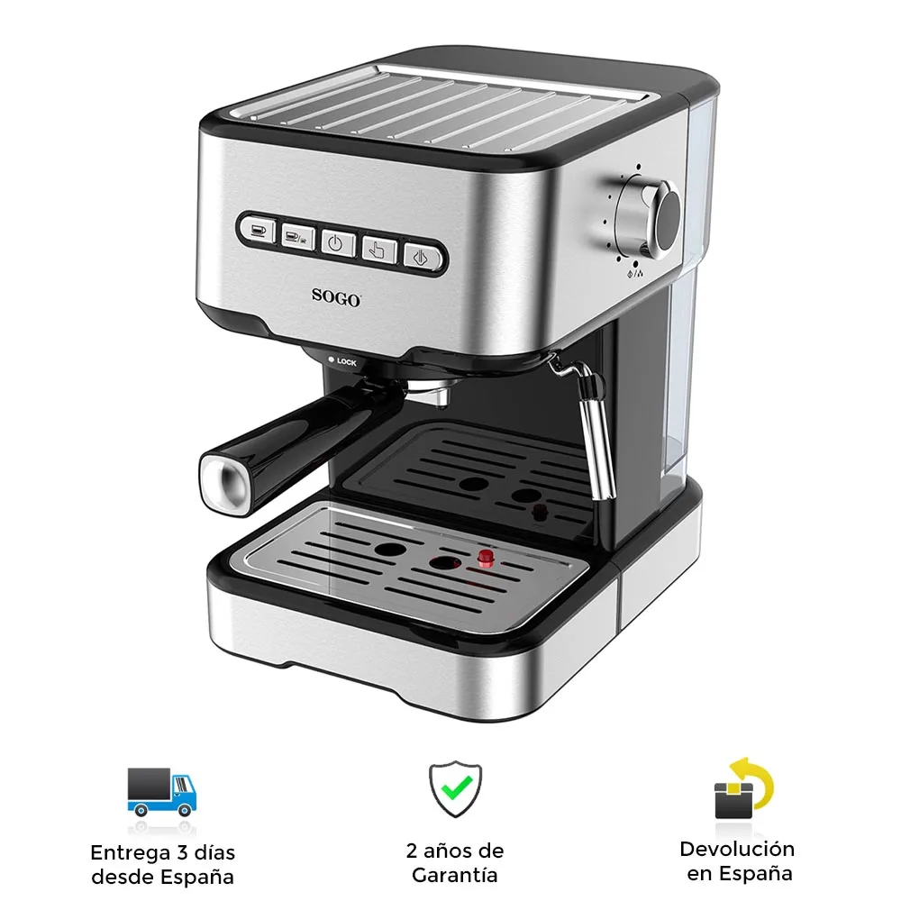 Sogo express coffee maker, elegant, modern, professional, fast, powerful, portable, 1.5L, cappuccinos, nozzle, foaming, ground coffee, single dose, led light