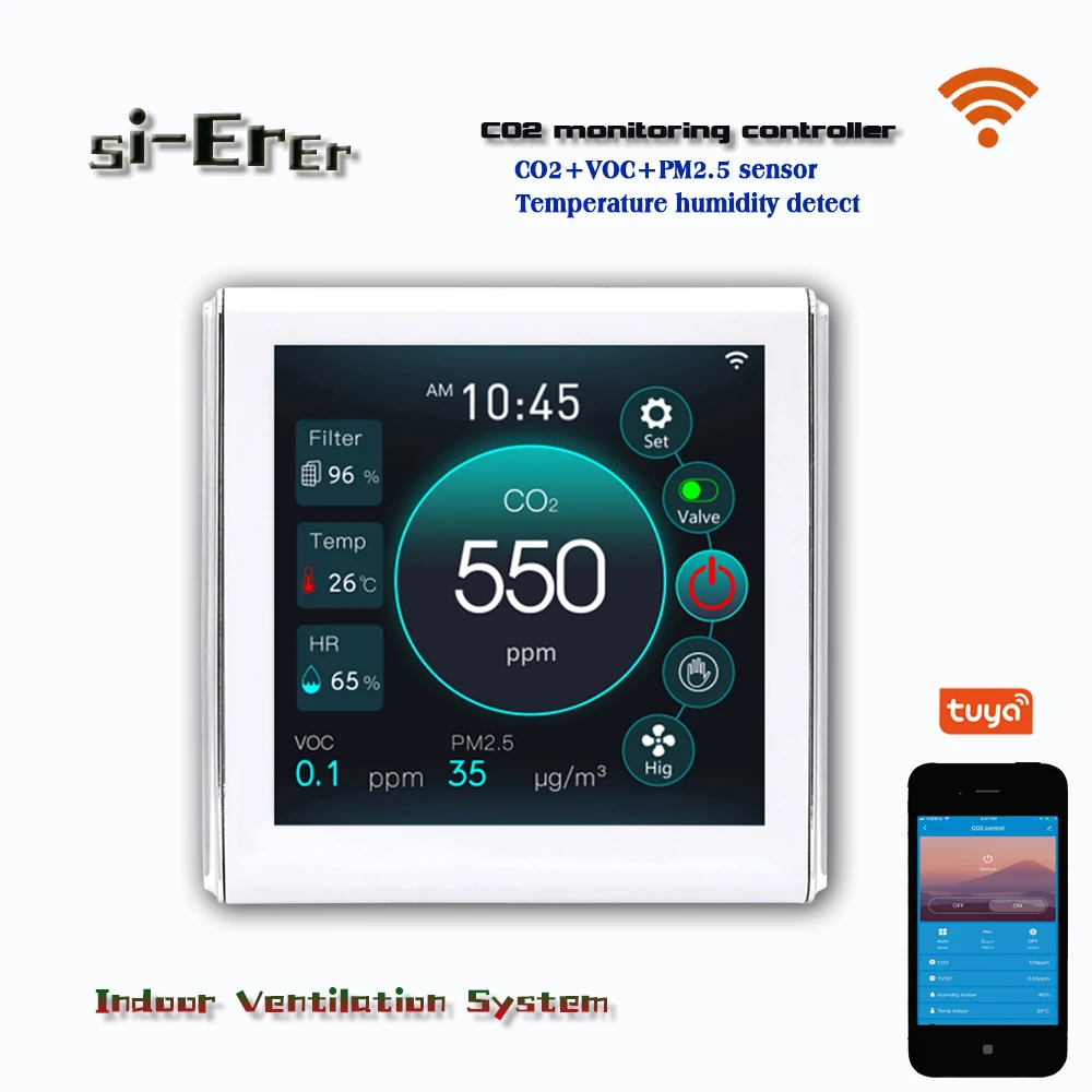 Indoor Air Quality Monitor with WIFI&RS485 VOC PM2.5 CO2 Temperature Humidity Sensor for Control Fan Smart AC/0-10V Output