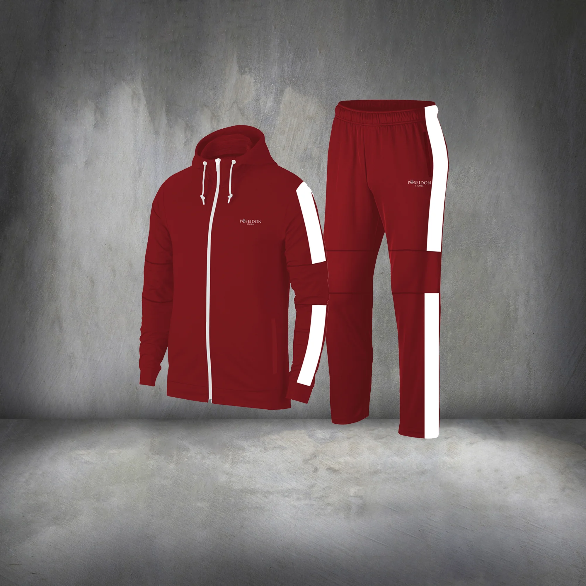 

Men's Burgundy Interlock Fabric Hoodie Top and Bottom Zippered Comfortable Tracksuit Set S-3XL