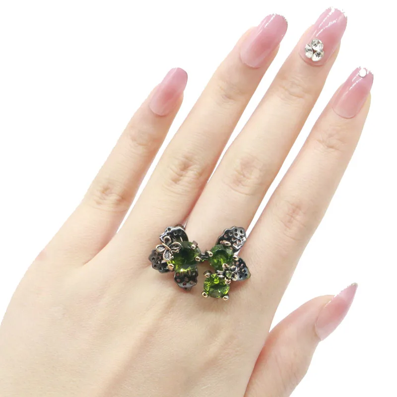 29x26mm New Statement 11g Neo-Gothic Flowers 11g Pink Tourmaline Black Gold Silver Rings Punk Style view 2