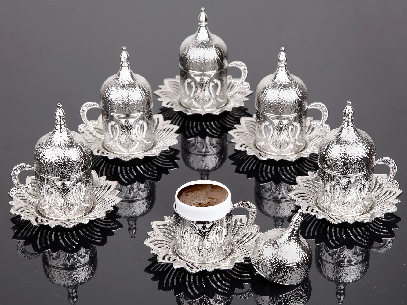 Turkish Coffee Set -  Silver Color - White Cups