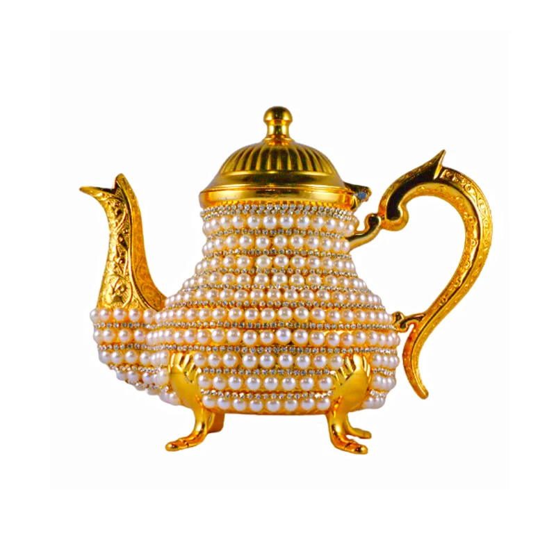 Handmade Pearl Swarovski Stones Coated Zinc Casting Tea Gold Color Silver Turkish Teapots Arabic Tea Set Traditional