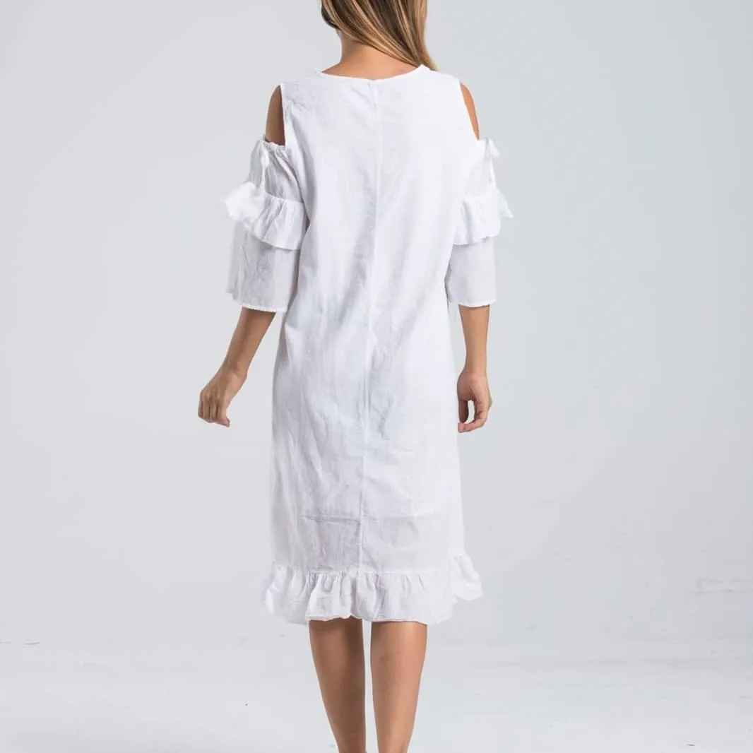 White Color Sleeve Detailed Dress