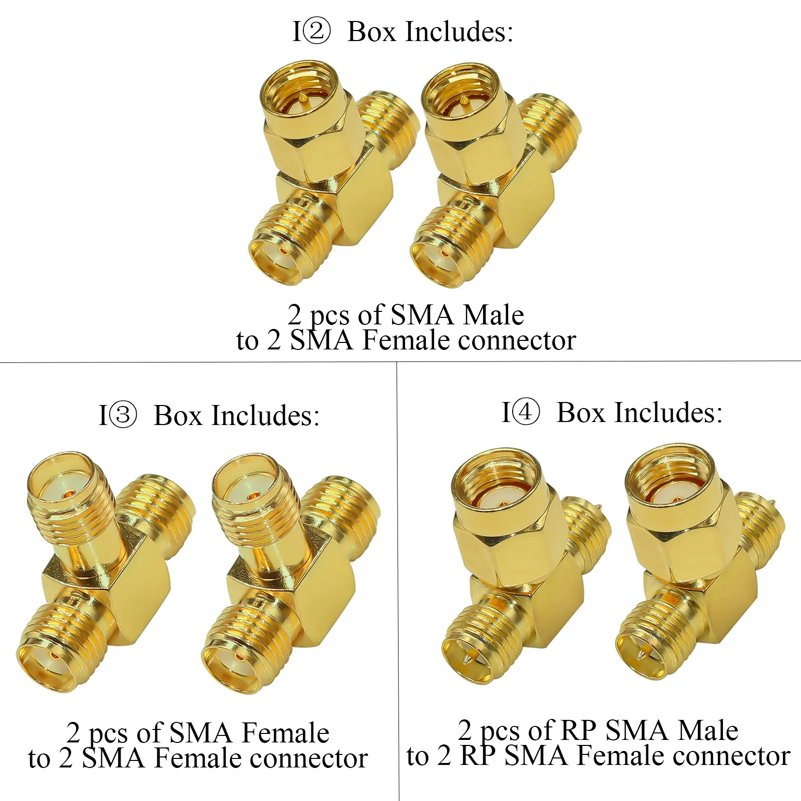 SMA Splitter Connector SMA/RP-SMA Male to Dual SMA/RP-SMA Female Triple Tee Adapter SMA Connector 3 Way 3Type/lot 2pcs/lot