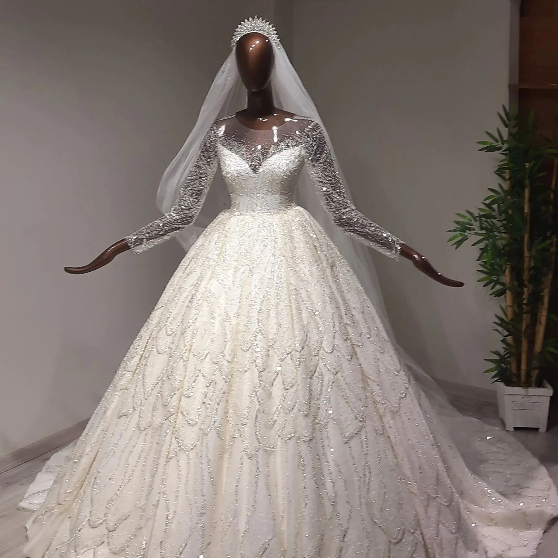 Wedding Dress Handmade Princess Luxury 2022 O Neck Long Sleeve Ball Gown Bridal Fashion Bohemian Haute Couture Usiba Design