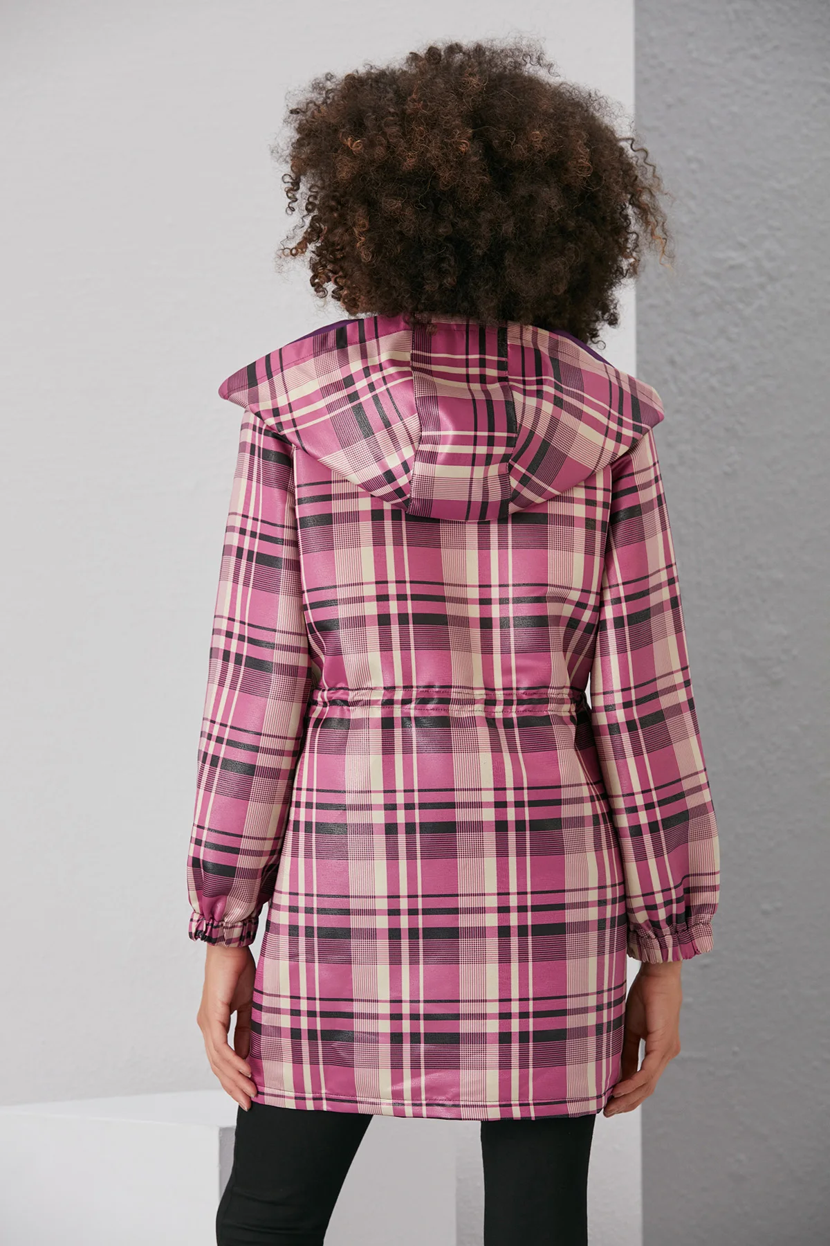 Women Fushia Plaid Hooded Waist Shirred Relax snaps It Should cover Raincoat 2022 new season