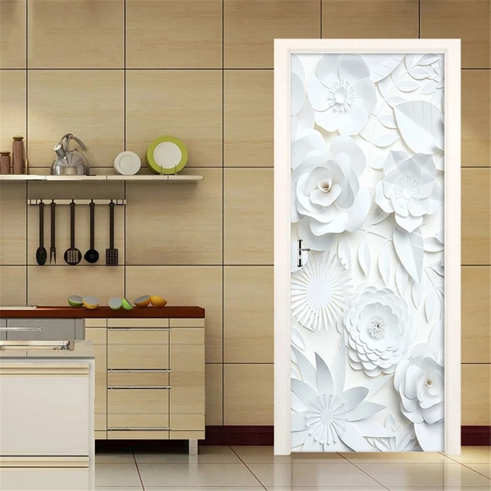 Modern Luxury Stair White Flower Door Sticker Europe Wooden Door Contact Wallpaper Entrance Corridor Bedroom Wall Decor Adhesive