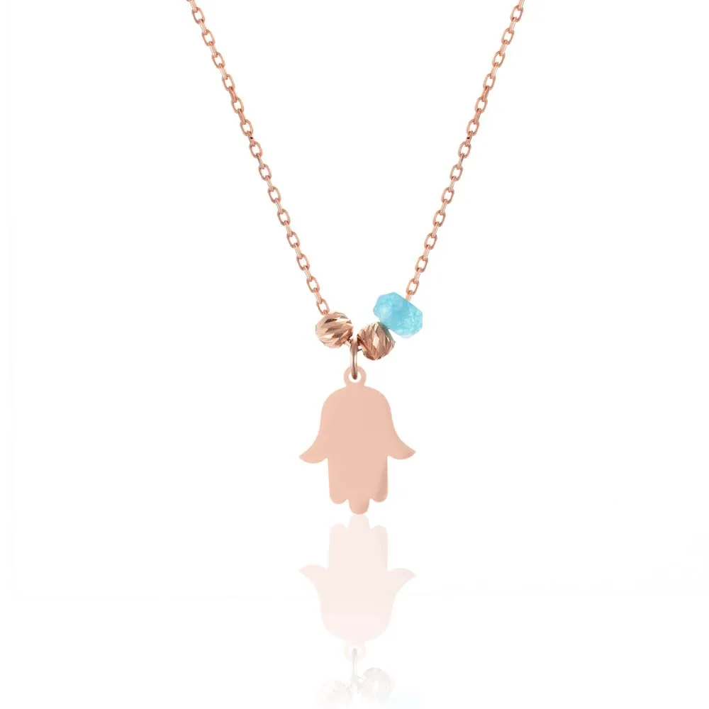 Necklace Jewelry Pendant 925 Sterling Silver Rose Gold Hamsa Hand Of Fatima Featuring Aquamarine Stone with 43cm Chain