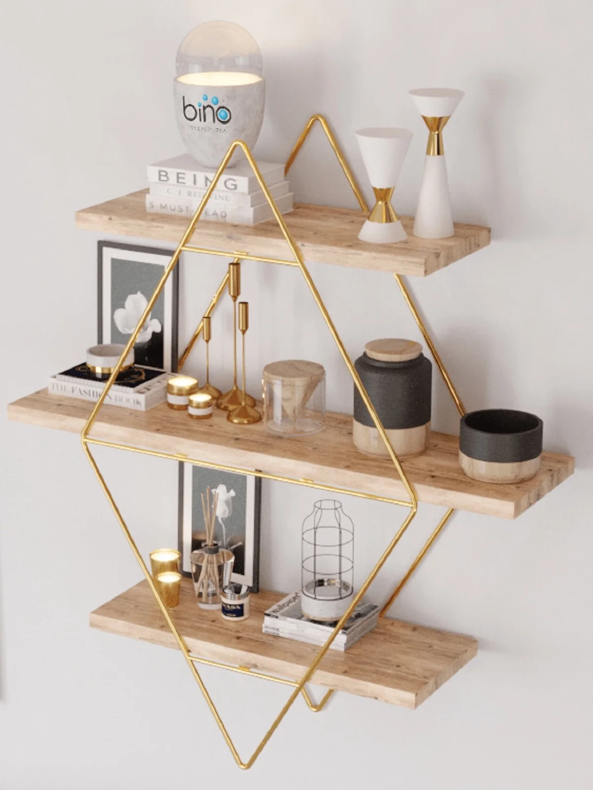 Decorative Wooden Wall Mounted Shelf Decoration Gold Plated Multi Function Rack Storage Bookcase 3 Layer