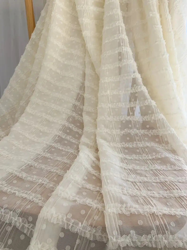 1 Yards Ivory Creased Chiffon Fabric With Ruffles And Polka Dots, Chiffon Fabric With Frills For Dress Couture Costume