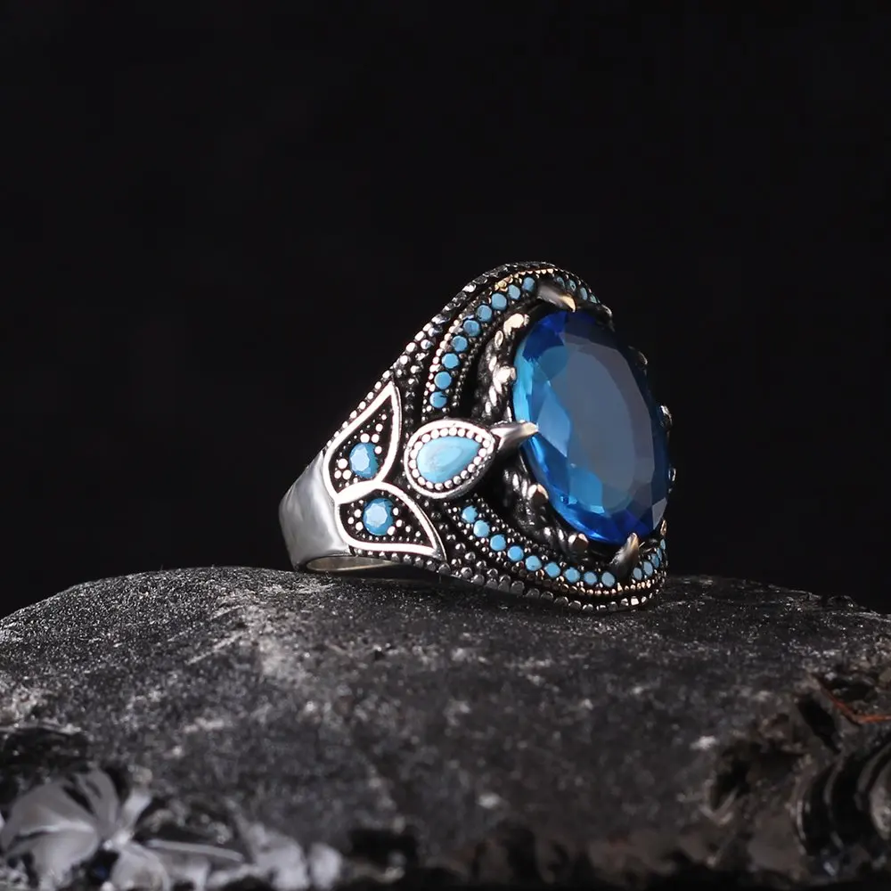 

Free Shipping Blue Topaz Gemstone 925 Sterling Mens Silver Rings For Men, Gift Jewelry, Vintage, made in Turkey Fashion Turkish Style 2022