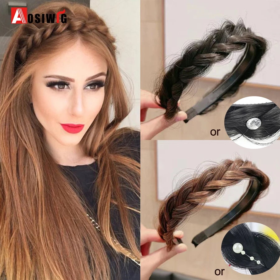 AOSIWIG cabello sintético para mujer, trenzas anchas de espina de pescado, diadema antideslizante hecha a mano, diadema Retro, accesorios de peinado