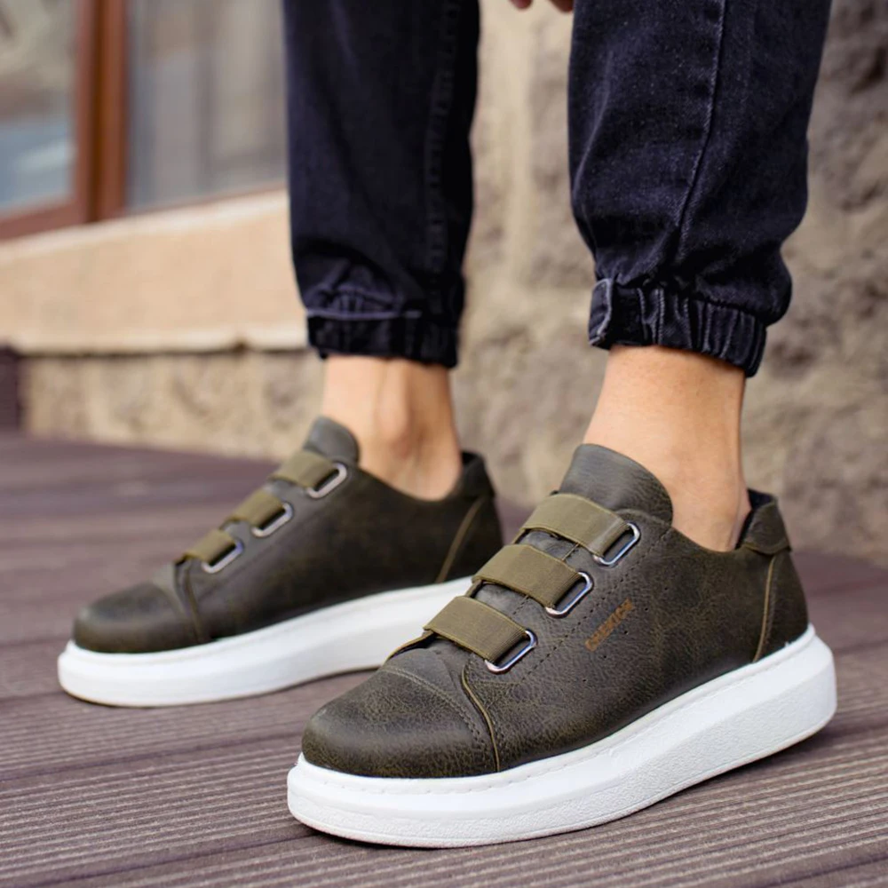 Chekich Zapatos para Mujer y Hombre Color Caqui-Verde Cuero Sintético Otoño y Primavera Temporadas Cierre con banda elástica Zapatillas cómodas sin cordones Unisex Costura Suela blanca Ligero Transpirable CH253 V4