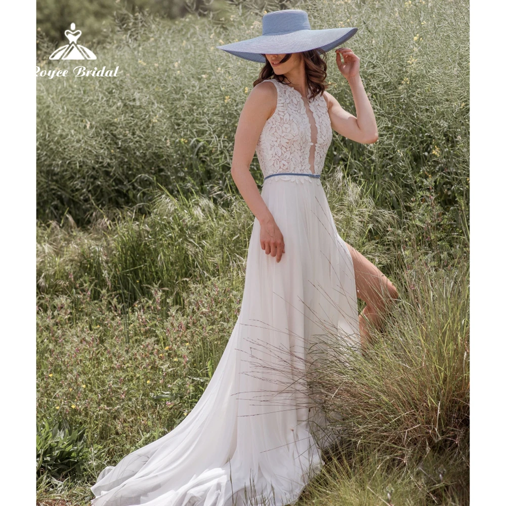 Boho V คอลูกไม้โบว์ Sashes Backless ชุดแต่งงาน2022ชีฟองชุดเจ้าสาวไหล่กวาดพื้นความยาว Vestido