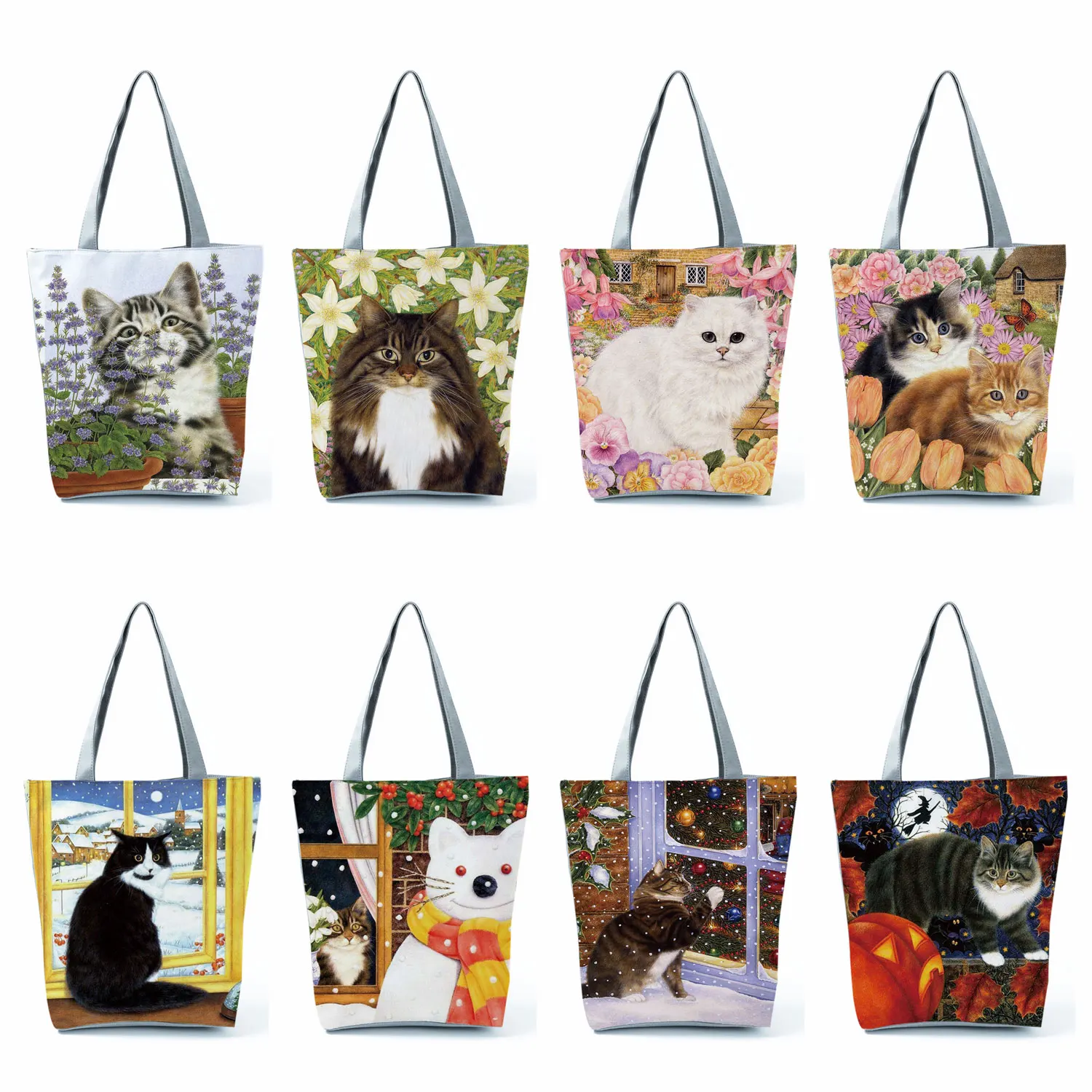 Cute Cat Flower Painting Print Women Designer Tote Bag Floral Ladies Handbags Large Shopping Bag Foldable For Groceries Portable