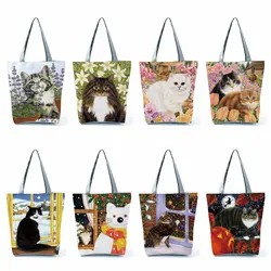 Cute Cat Flower Painting Print Women Designer Tote Bag Floral Ladies Handbags grande Shopping Bag pieghevole per generi alimentari portatile