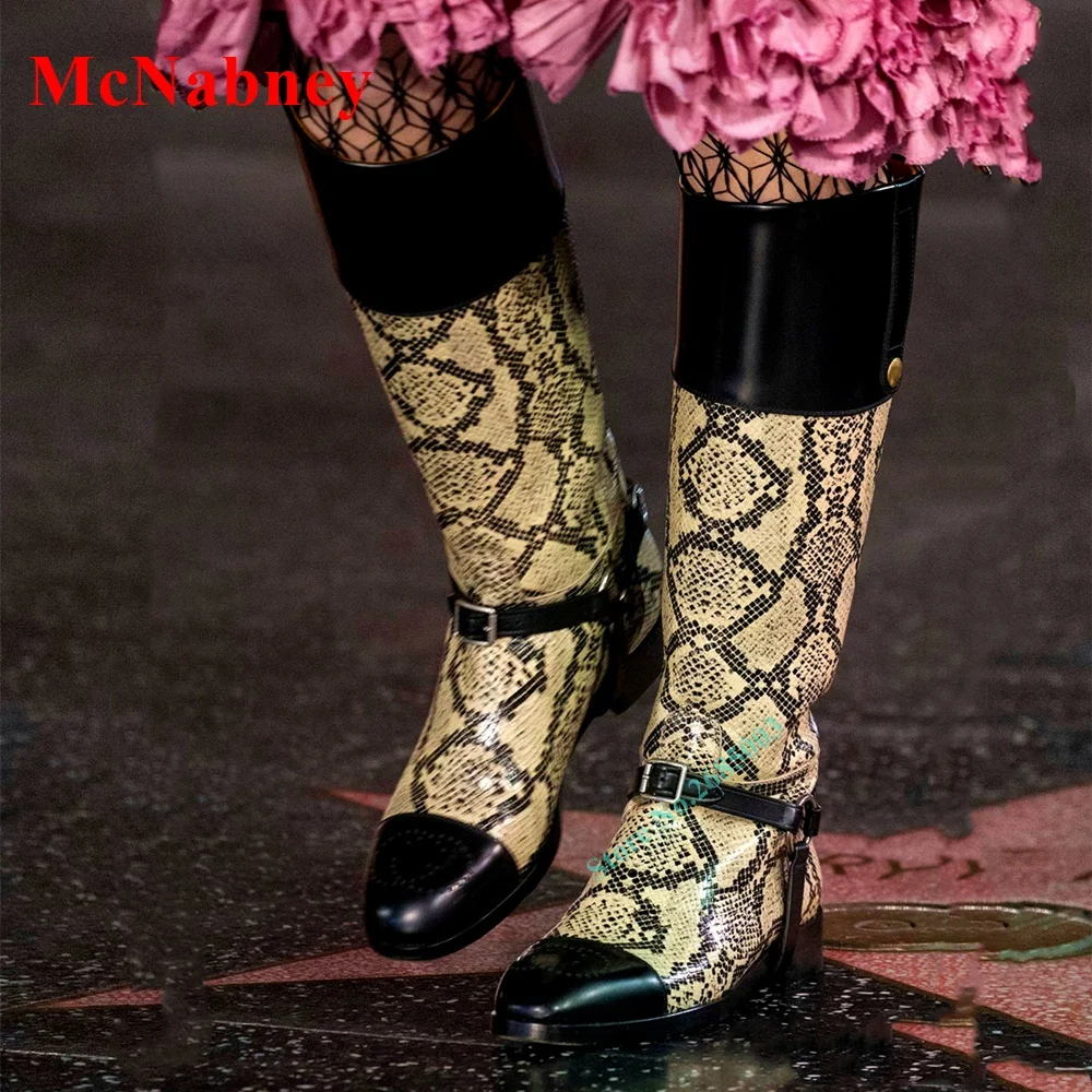 Mixed Colors Pointy Toe Boots Knee High Leather Buckles Patchwork Slip On Boot Women Shoe Autume Winter Party Dress Fashion Boot