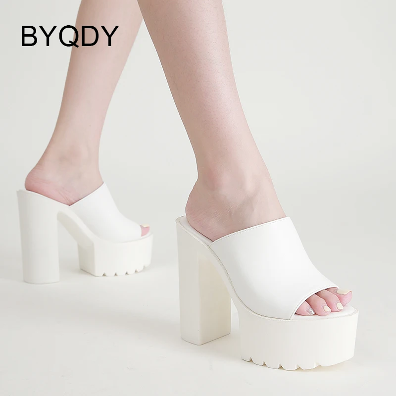 BYQDY Platform Sandals for Women Sexy Peep Toe Slip On Chunky High Heel Sandals Date Dress Shoes Backless Mules Plus Size