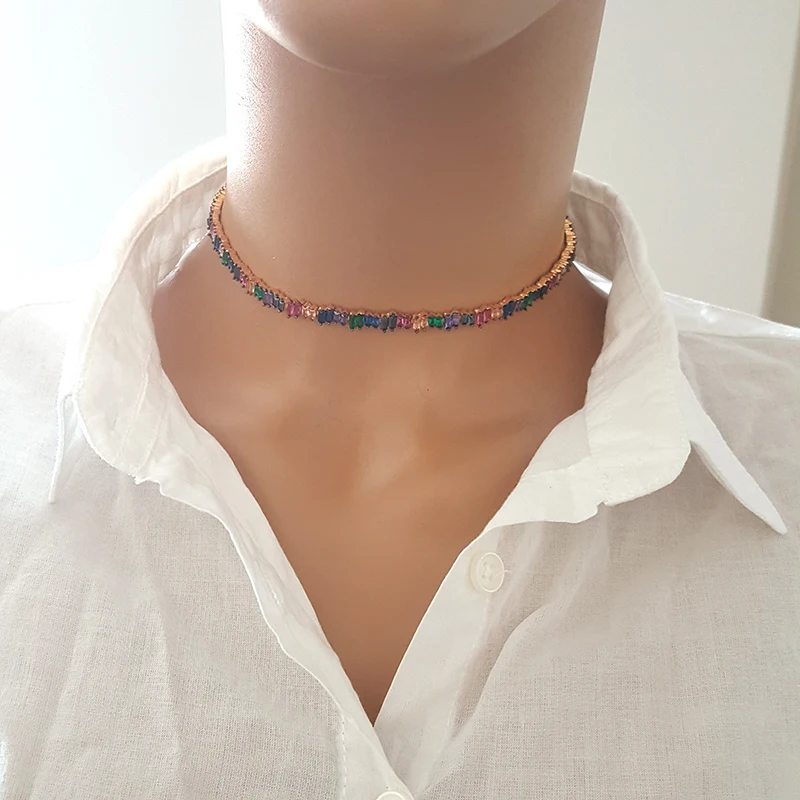 Rose Gold Choker Women Necklace Multicolor Baquette Women Choker 925 Sterling Silver Made in TURKEY