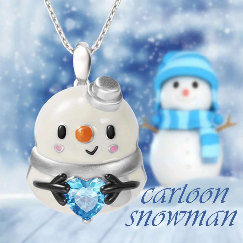 Cute Blue Heart Crystal Cartoon Snowman Pendant Necklace for Women Fashion Girls Birthday Party Jewelry Exquisite Christmas Gift