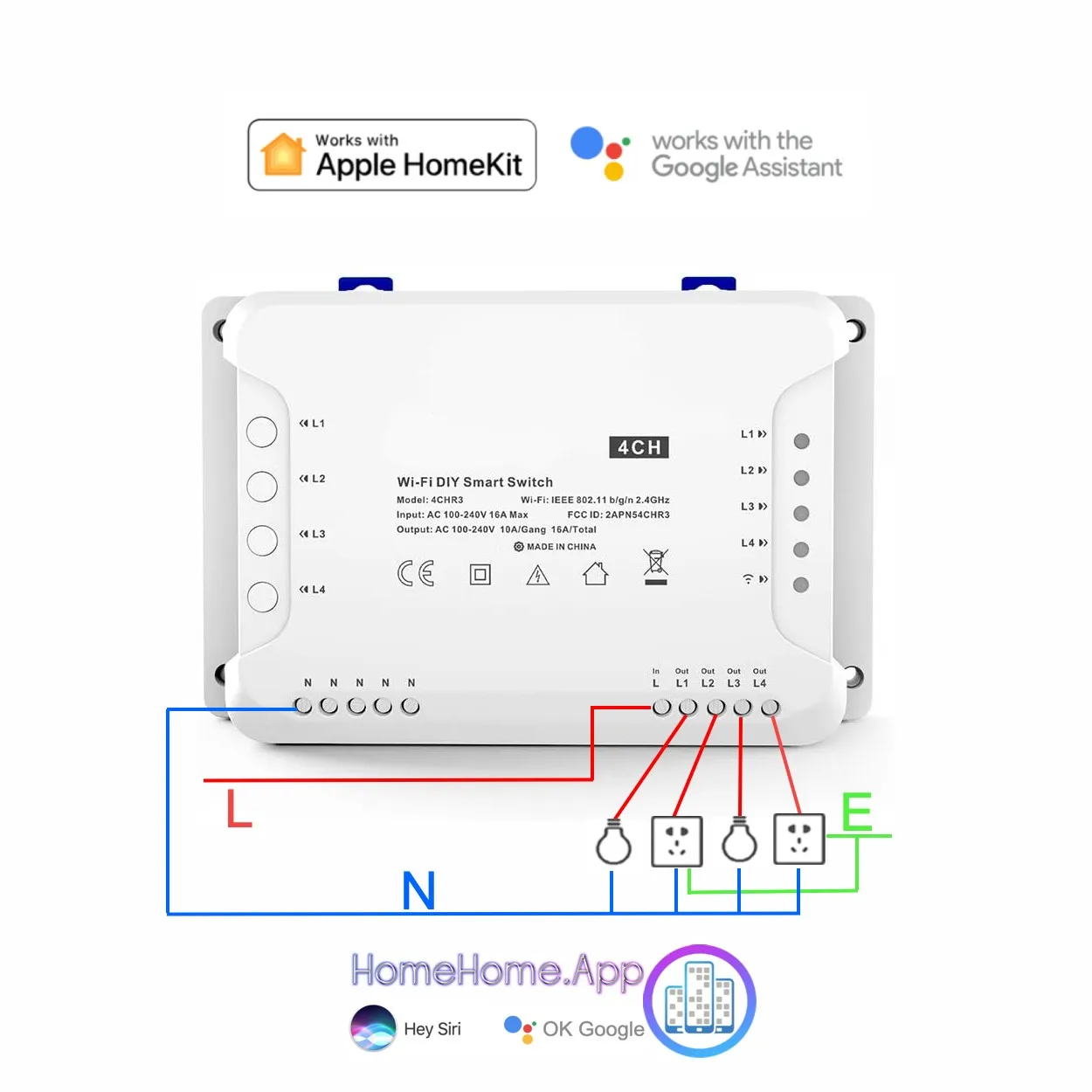 Apple HomeKit Compatible 4CH Relay Smart Home R3 WiFi Switch Siri Google Assistant Voice Wireless Automation Din Rail Light