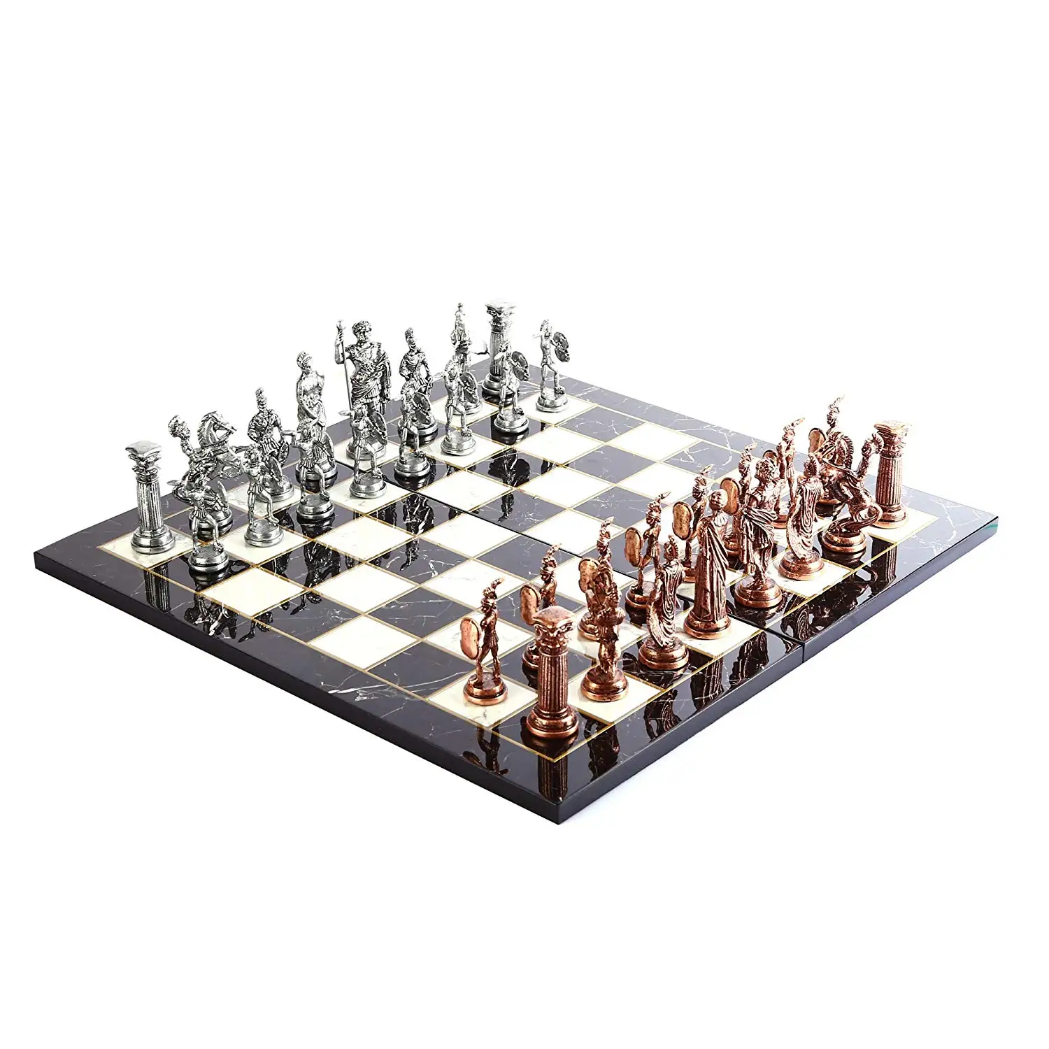 Historical Antique Copper Rome Figures Metal Chess Set for Adult,Handmade Pieces and Marble Design Wood Chess Board King 11 cm