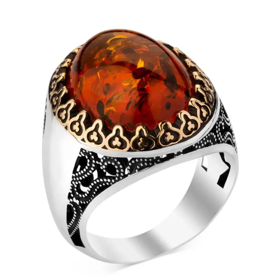 

Customizable Silver Mens Ring with Orange Synthetic Stone Fashion Turkish Premium Quality Handmade Jawelery